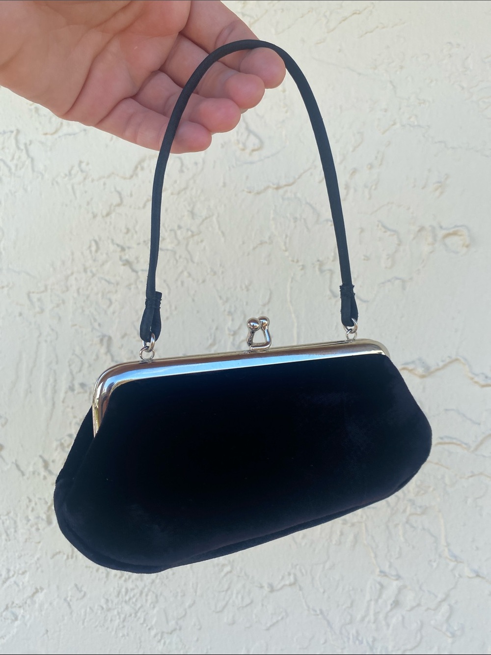 Black Velvet Evening Clutch with Silver Frame - Unbranded